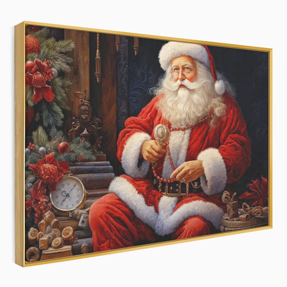 Tablou canvas cu mos craciun cu haina rosie, in rama de aluminiu auriu